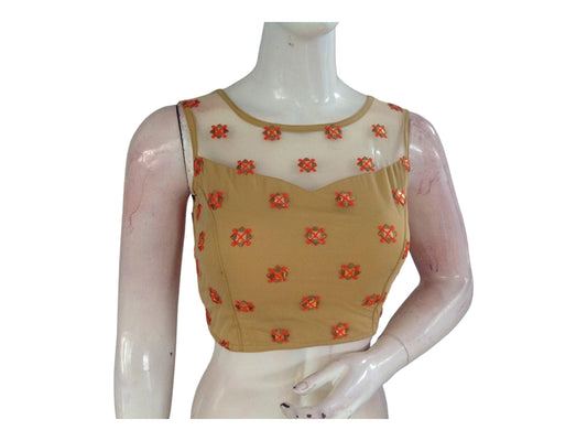 Gold Color Designer Netted Party Wear Readymade Saree Blouses. - D3blouses
