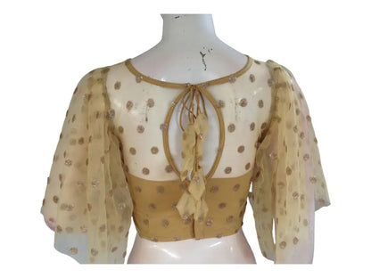 Gold Color Designer Netted Party Wear Readymade Saree Blouses. - D3blouses