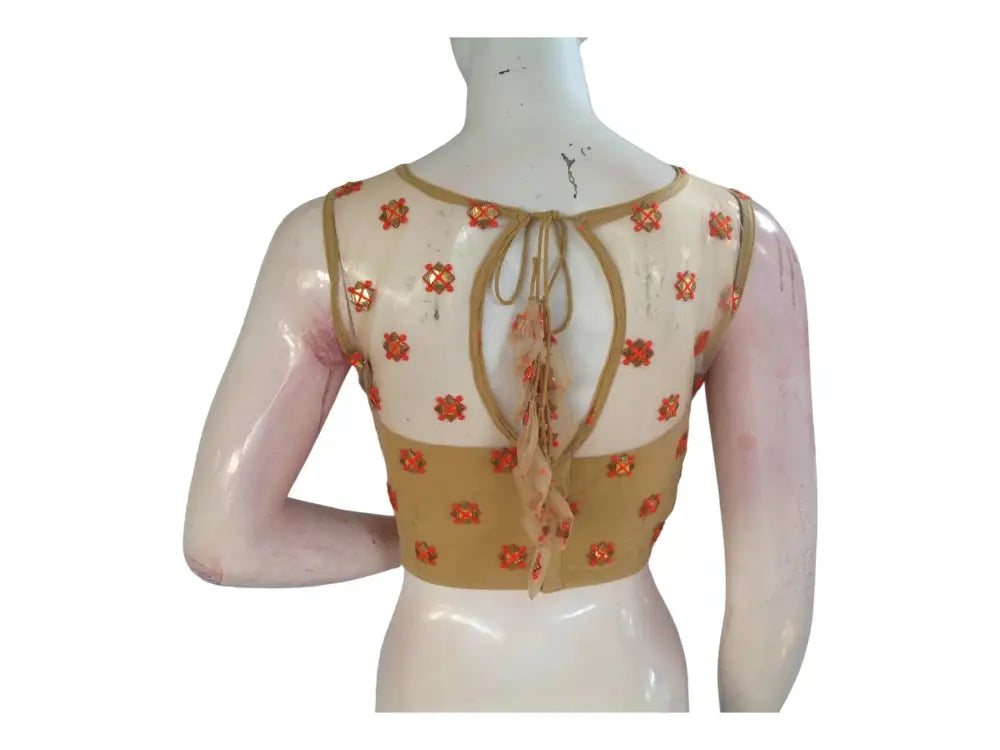 Gold Color Designer Netted Party Wear Readymade Saree Blouses. - D3blouses