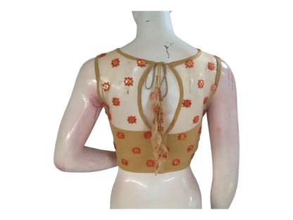 Gold Color Designer Netted Party Wear Readymade Saree Blouses. - D3blouses