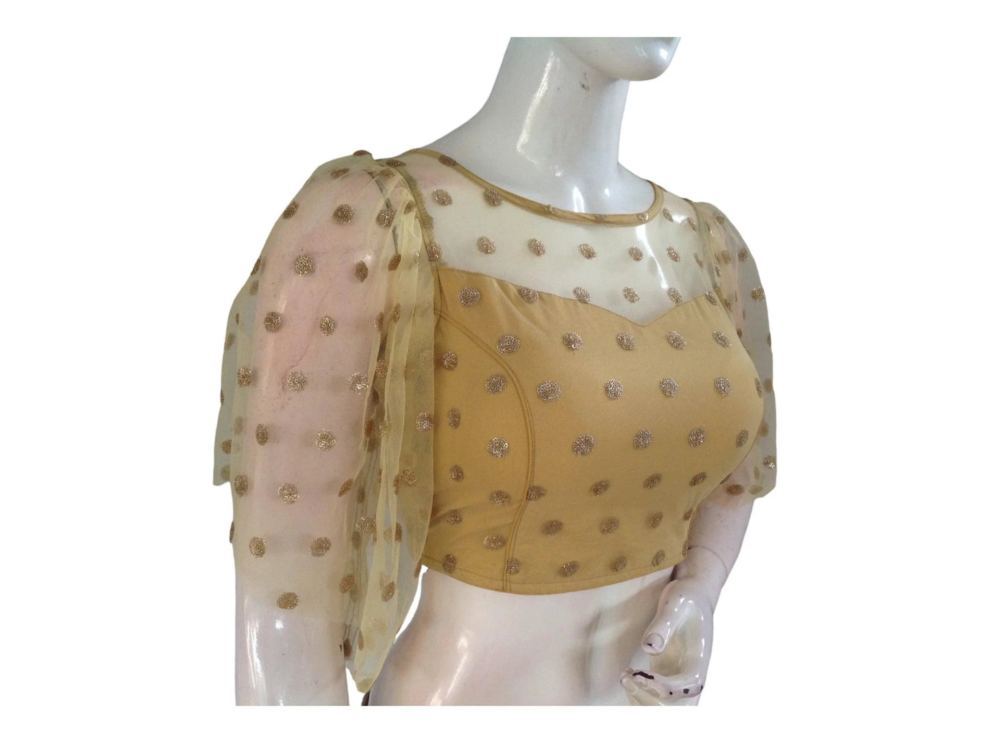 Gold Color Designer Netted Party Wear Readymade Saree Blouses. - D3blouses