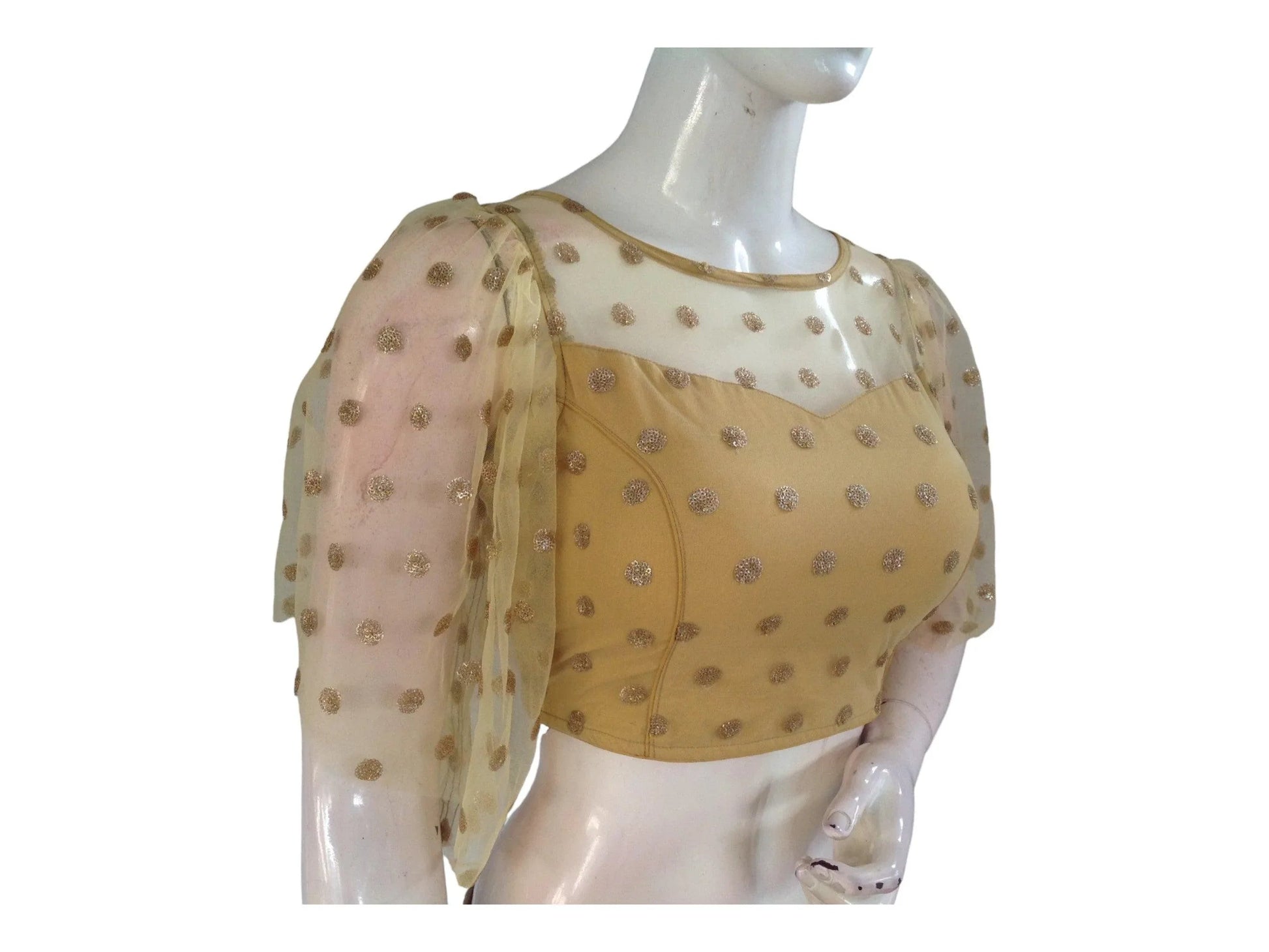 Gold Color Designer Netted Party Wear Readymade Saree Blouses. - D3blouses