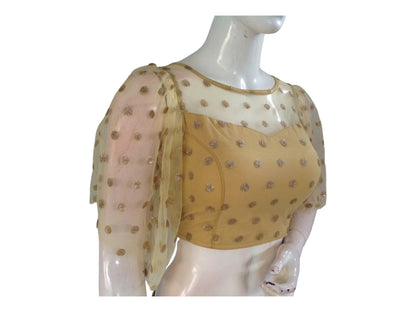 Gold Color Designer Netted Party Wear Readymade Saree Blouses. - D3blouses
