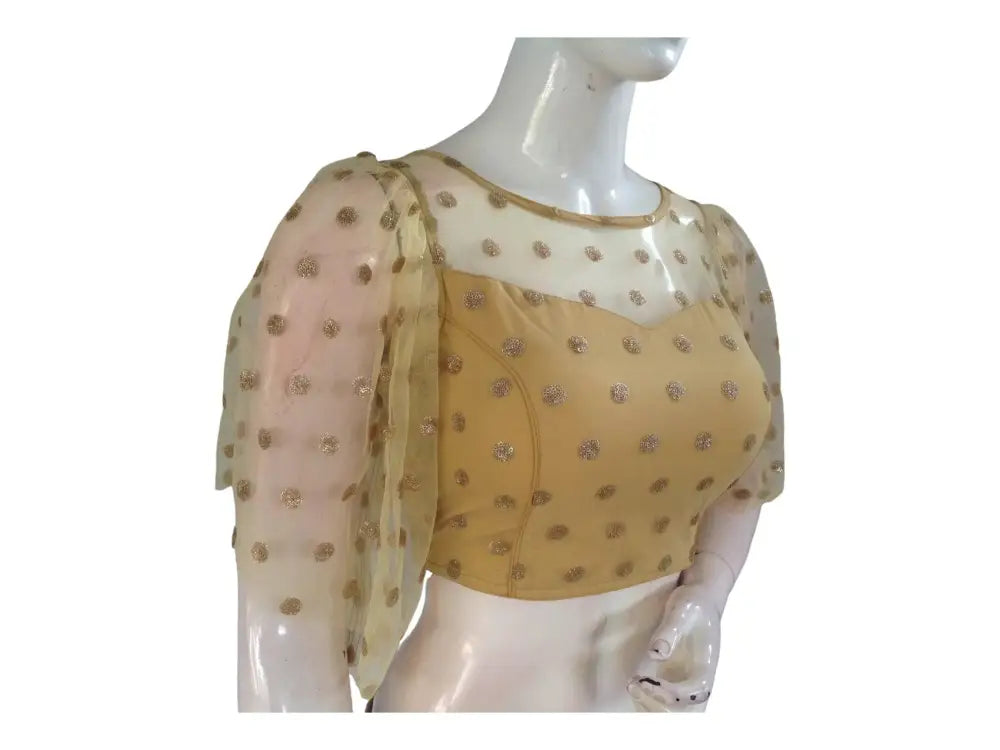 Gold Color Designer Netted Party Wear Readymade Saree Blouses. - D3blouses
