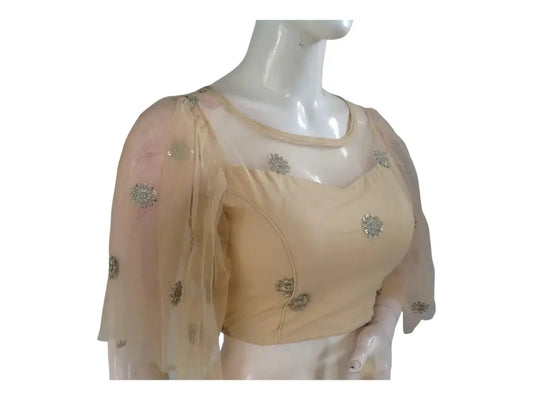 Gold Color Designer Netted Party Wear Readymade Saree Blouses. - D3blouses