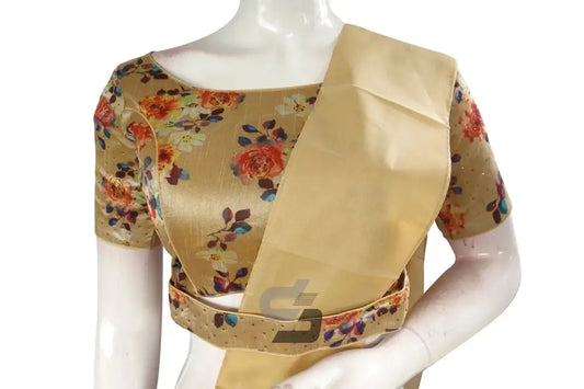 Gold Color Digital Floral Prints Designer Readymade Blouse with Saree Belt - D3blouses
