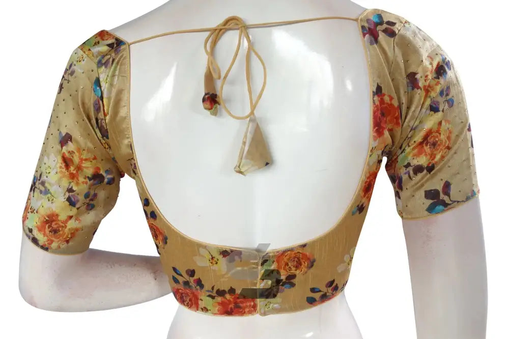 Gold Color Digital Floral Prints Designer Readymade Blouse with Saree Belt - D3blouses