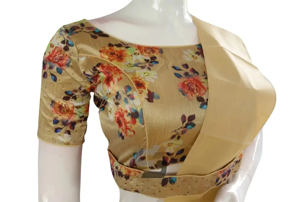 Gold Color Digital Floral Prints Designer Readymade Blouse with Saree Belt - D3blouses