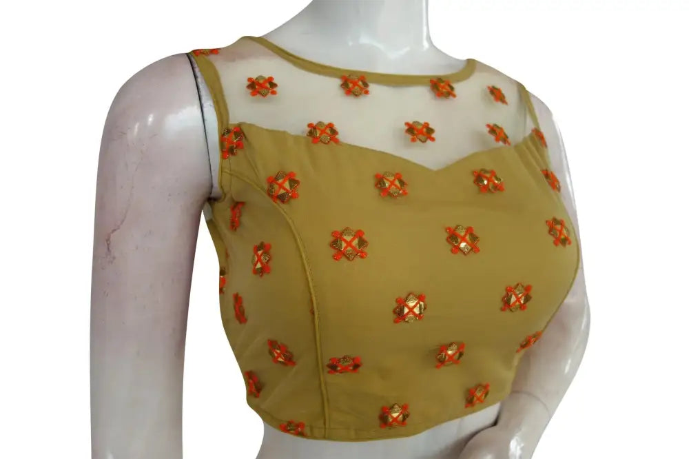Gold Color Floral Organza Netted Designer Blouse With Tassels - D3blouses