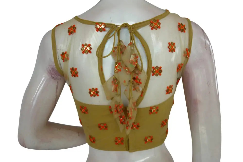 Gold Color Floral Organza Netted Designer Blouse With Tassels - D3blouses