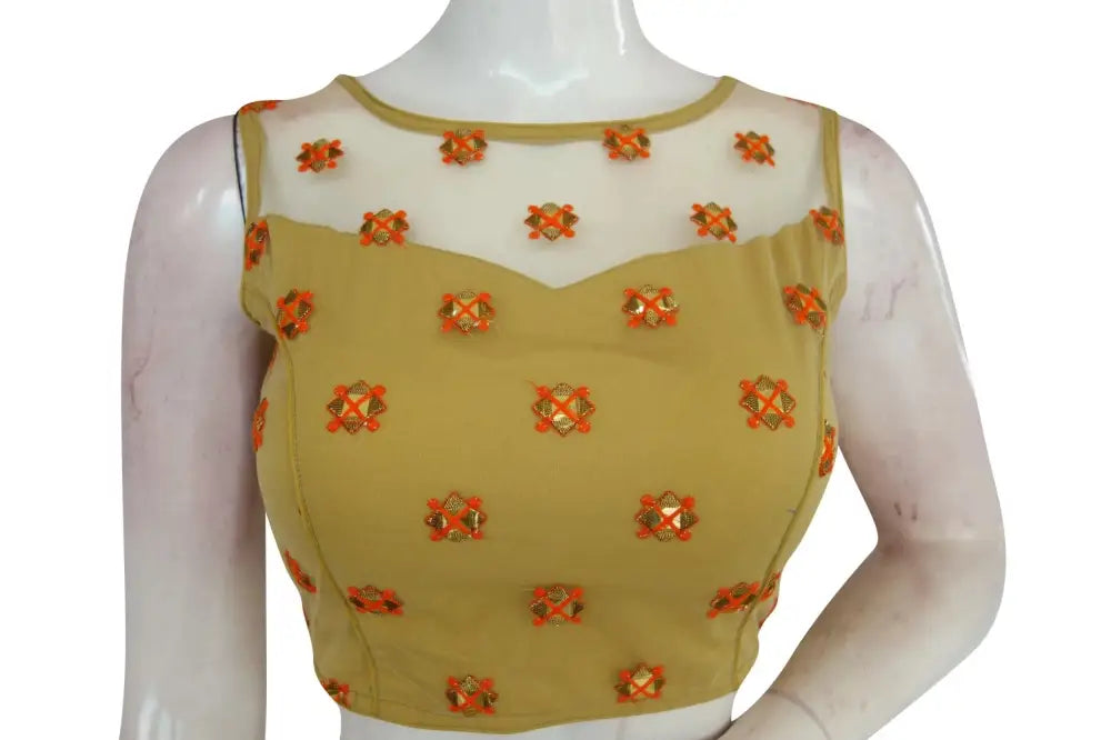 Gold Color Floral Organza Netted Designer Blouse With Tassels - D3blouses