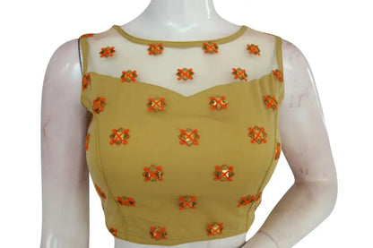 Gold Color Floral Organza Netted Designer Blouse With Tassels - D3blouses