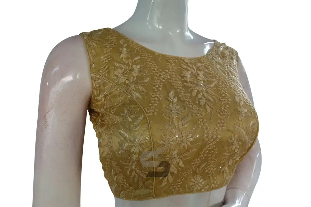 Gold Color Netted Designer Embroidery Readymade Blouse - D3blouses