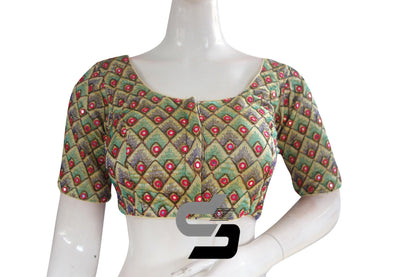 Gold Color Peacock Embroidery Foil Mirror Readymade Saree Blouse With Matching Mask - D3blouses