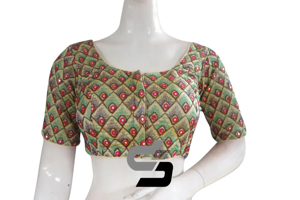 Gold Color Peacock Embroidery Foil Mirror Readymade Saree Blouse With Matching Mask - D3blouses