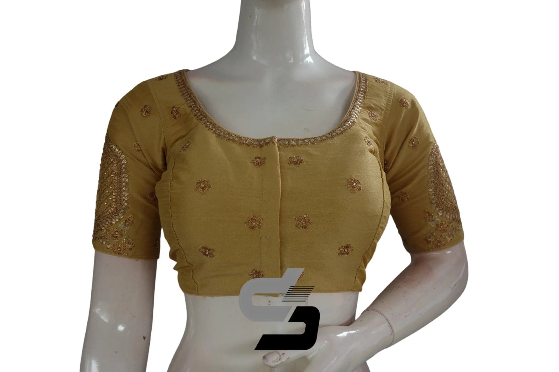 Gold Color Semi Silk Designer Embroidery Readymade Saree Blouse - D3blouses