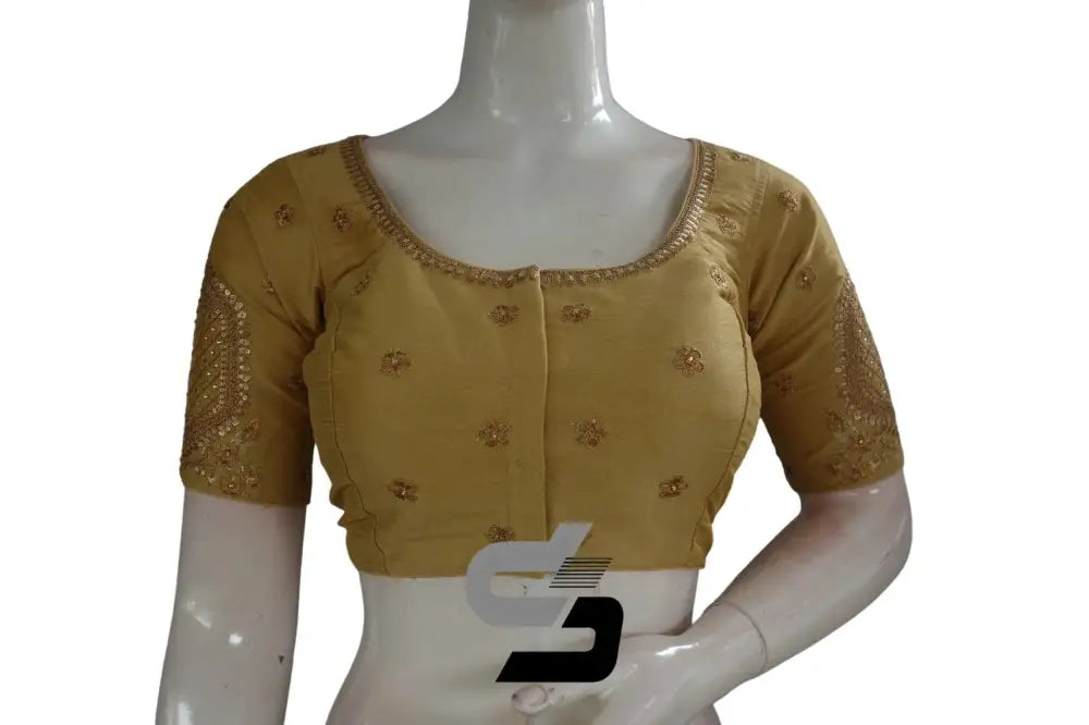 Gold Color Semi Silk Designer Embroidery Readymade Saree Blouse - D3blouses