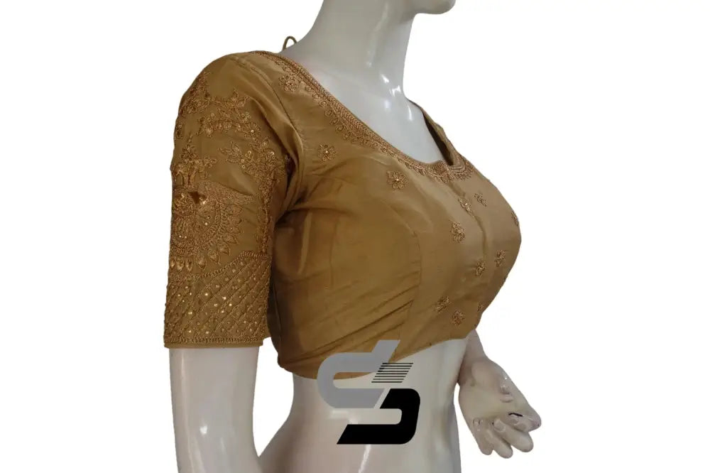 Gold Color Semi Silk Designer Embroidery Readymade Saree Blouse - D3blouses