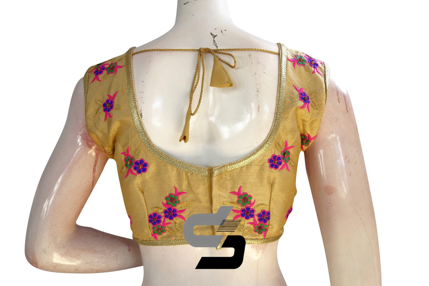 Gold Color Semi Silk Embroidery Sleeveless Designer Party Wear Readymade Blouse/ Indian Crop Tops - D3blouses
