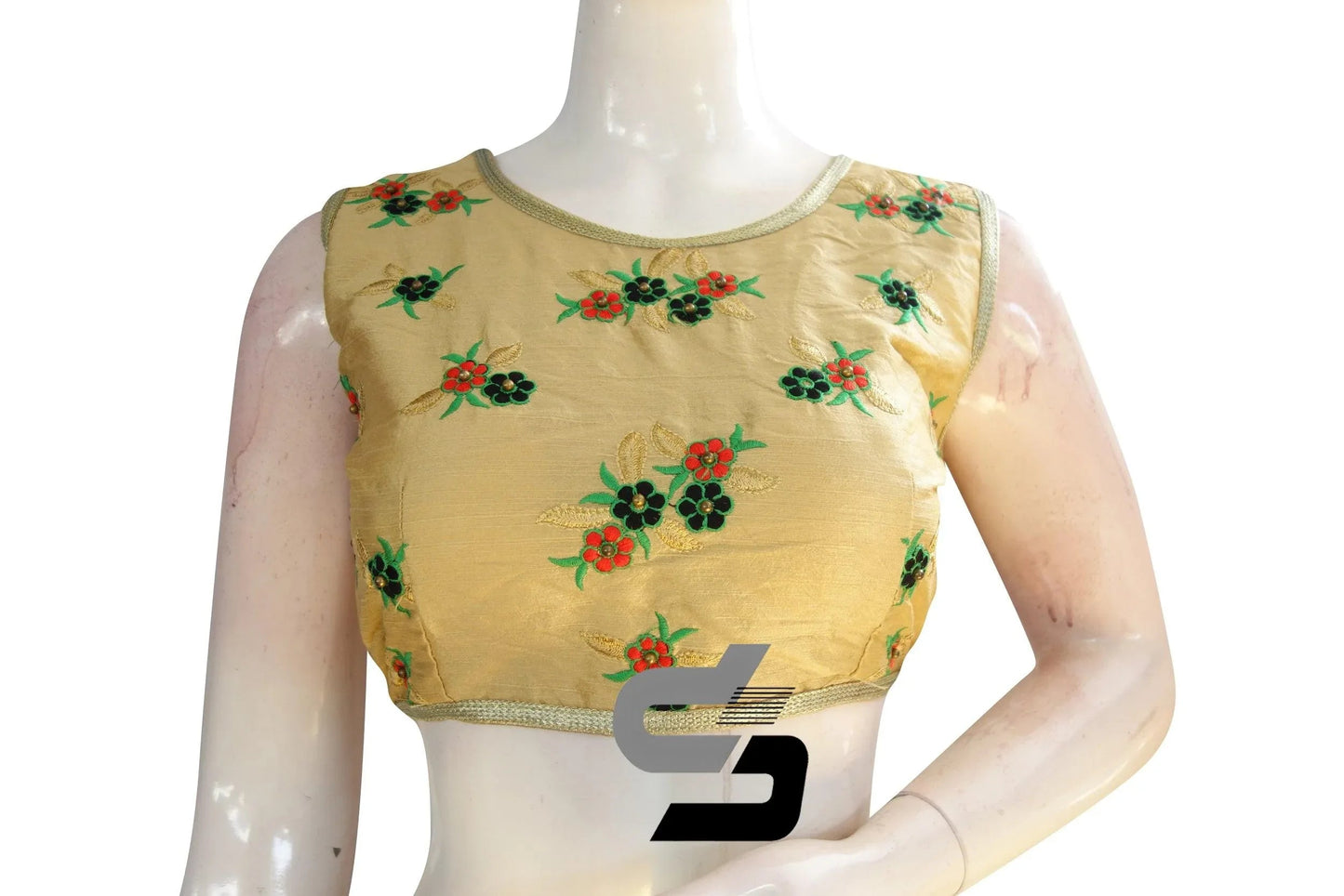 Gold Color Semi Silk Embroidery Sleeveless Designer Party Wear Readymade Blouse/ Indian Crop Tops - D3blouses