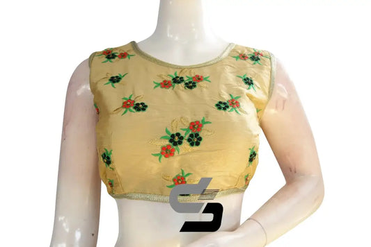 Gold Color Semi Silk Embroidery Sleeveless Designer Party Wear Readymade Blouse/ Indian Crop Tops - D3blouses
