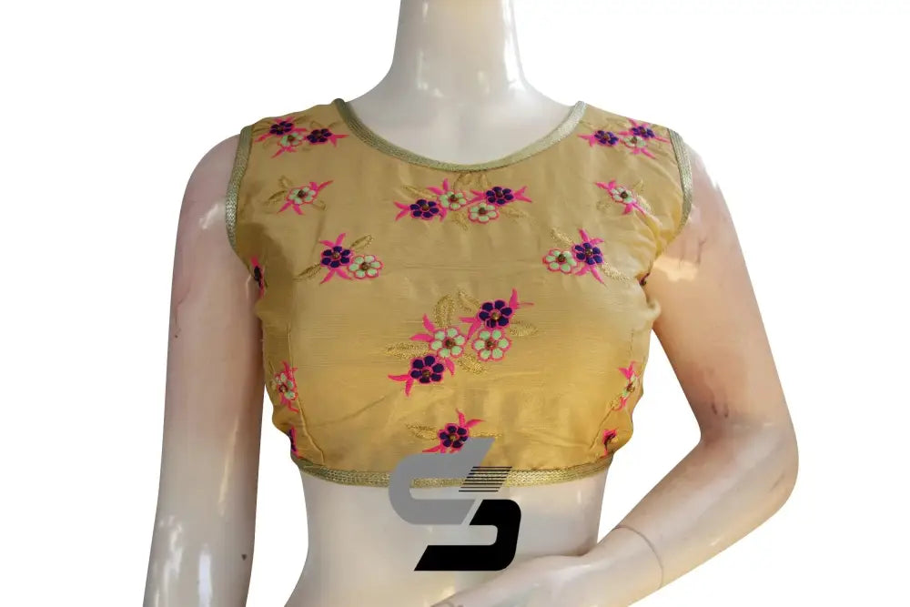 Gold Color Semi Silk Embroidery Sleeveless Designer Party Wear Readymade Blouse/ Indian Crop Tops - D3blouses