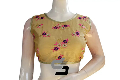 Gold Color Semi Silk Embroidery Sleeveless Designer Party Wear Readymade Blouse/ Indian Crop Tops - D3blouses