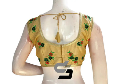 Gold Color Semi Silk Embroidery Sleeveless Designer Party Wear Readymade Blouse/ Indian Crop Tops - D3blouses