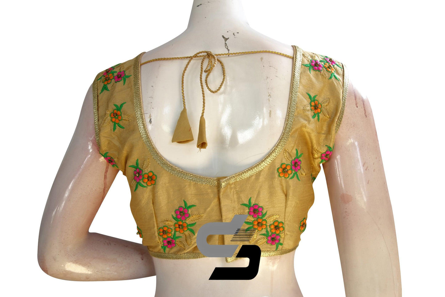 Gold Color Semi Silk Embroidery Sleeveless Designer Party Wear Readymade Blouse/ Indian Crop Tops - D3blouses