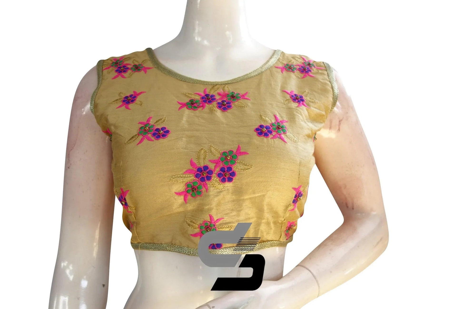 Gold Color Semi Silk Embroidery Sleeveless Designer Party Wear Readymade Blouse/ Indian Crop Tops - D3blouses