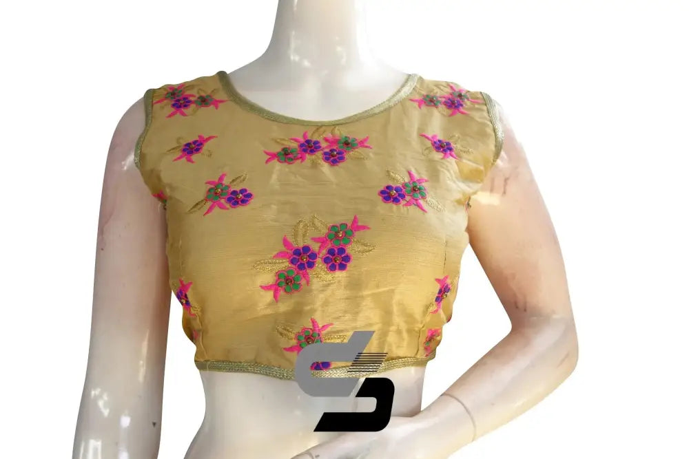Gold Color Semi Silk Embroidery Sleeveless Designer Party Wear Readymade Blouse/ Indian Crop Tops - D3blouses