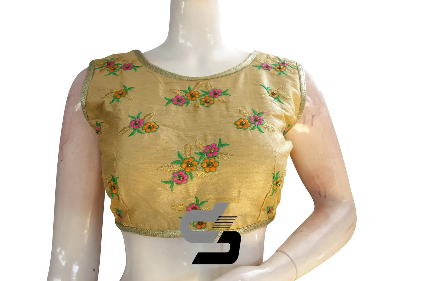 Gold Color Semi Silk Embroidery Sleeveless Designer Party Wear Readymade Blouse/ Indian Crop Tops - D3blouses