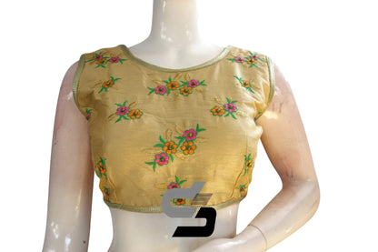 Gold Color Semi Silk Embroidery Sleeveless Designer Party Wear Readymade Blouse/ Indian Crop Tops - D3blouses