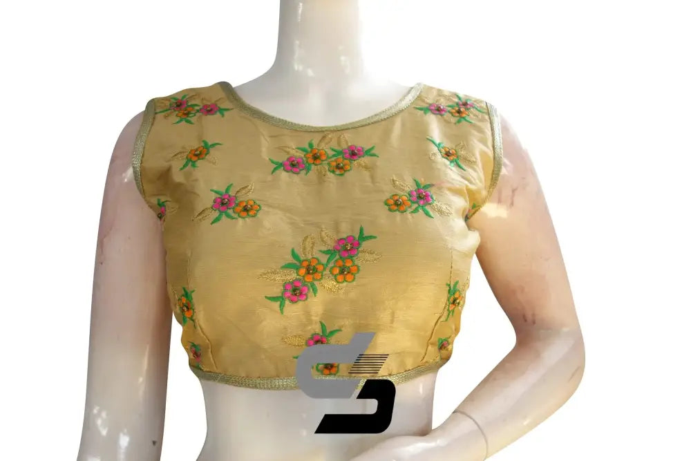 Gold Color Semi Silk Embroidery Sleeveless Designer Party Wear Readymade Blouse/ Indian Crop Tops - D3blouses