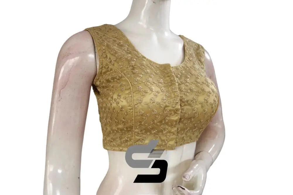 Gold Color Sleeveless Netted Embroidery Designer Party Wear Readymade Blouse/ Indian Crop Tops - D3blouses