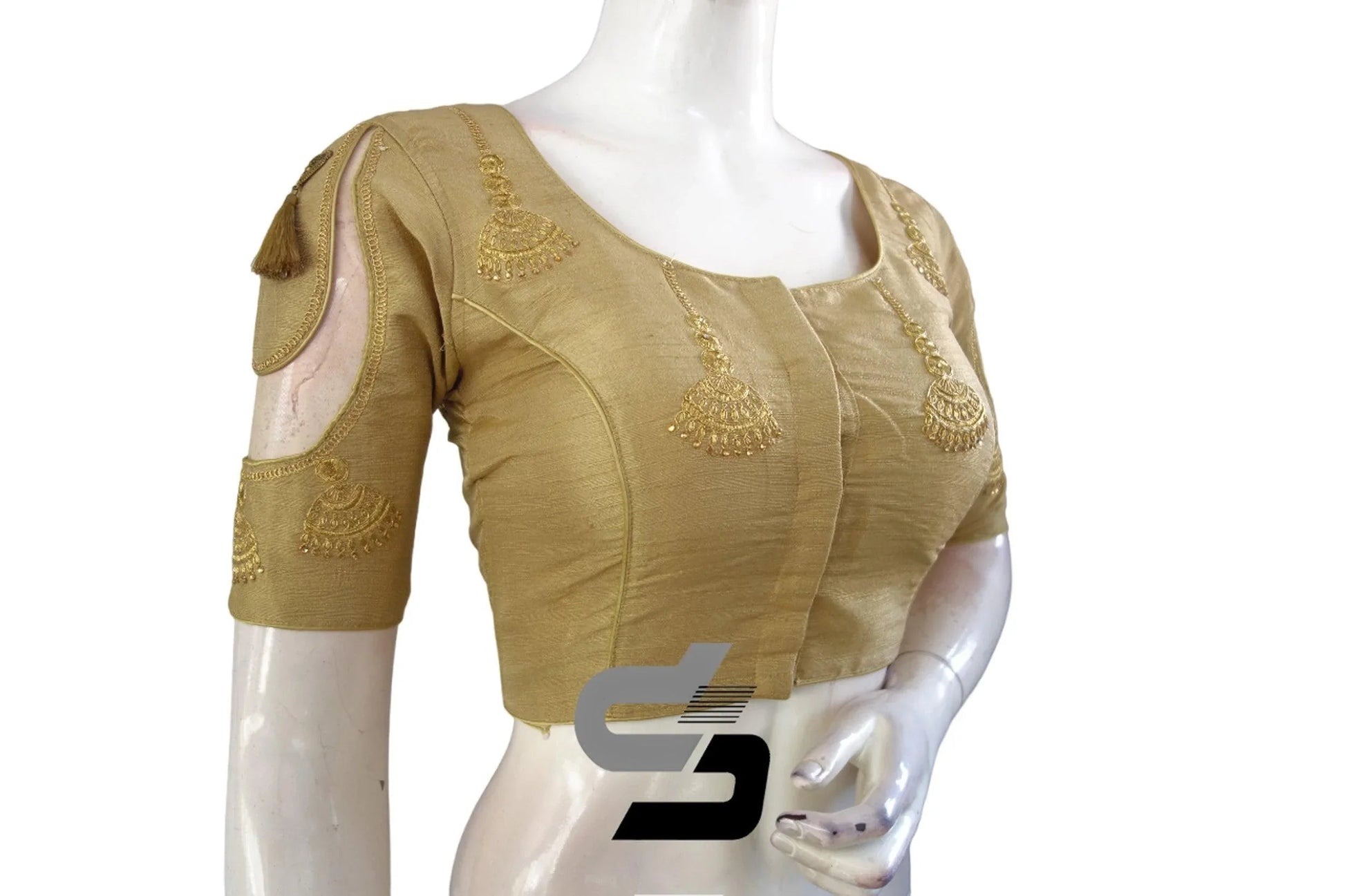 Gold High Neck Designer Embroidered Saree Blouses: Statement Vivid Infusion - D3blouses