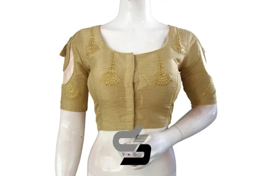 Gold High Neck Designer Embroidered Saree Blouses: Statement Vivid Infusion - D3blouses