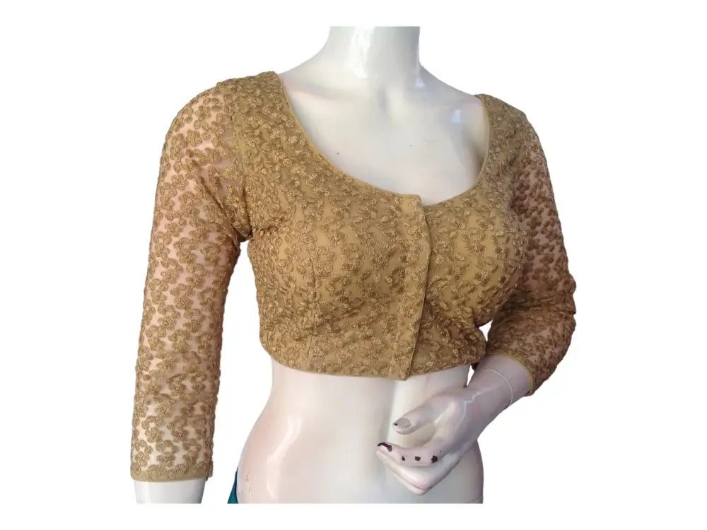 Gold Saree Blouse,3/4th Indian Readymade Blouses, Netted sleeves Choli top - D3blouses