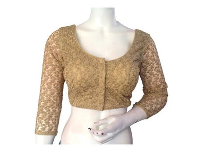 Gold Saree Blouse,3/4th Indian Readymade Blouses, Netted sleeves Choli top - D3blouses