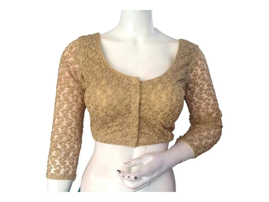 Gold Saree Blouse,3/4th Indian Readymade Blouses, Netted sleeves Choli top - D3blouses