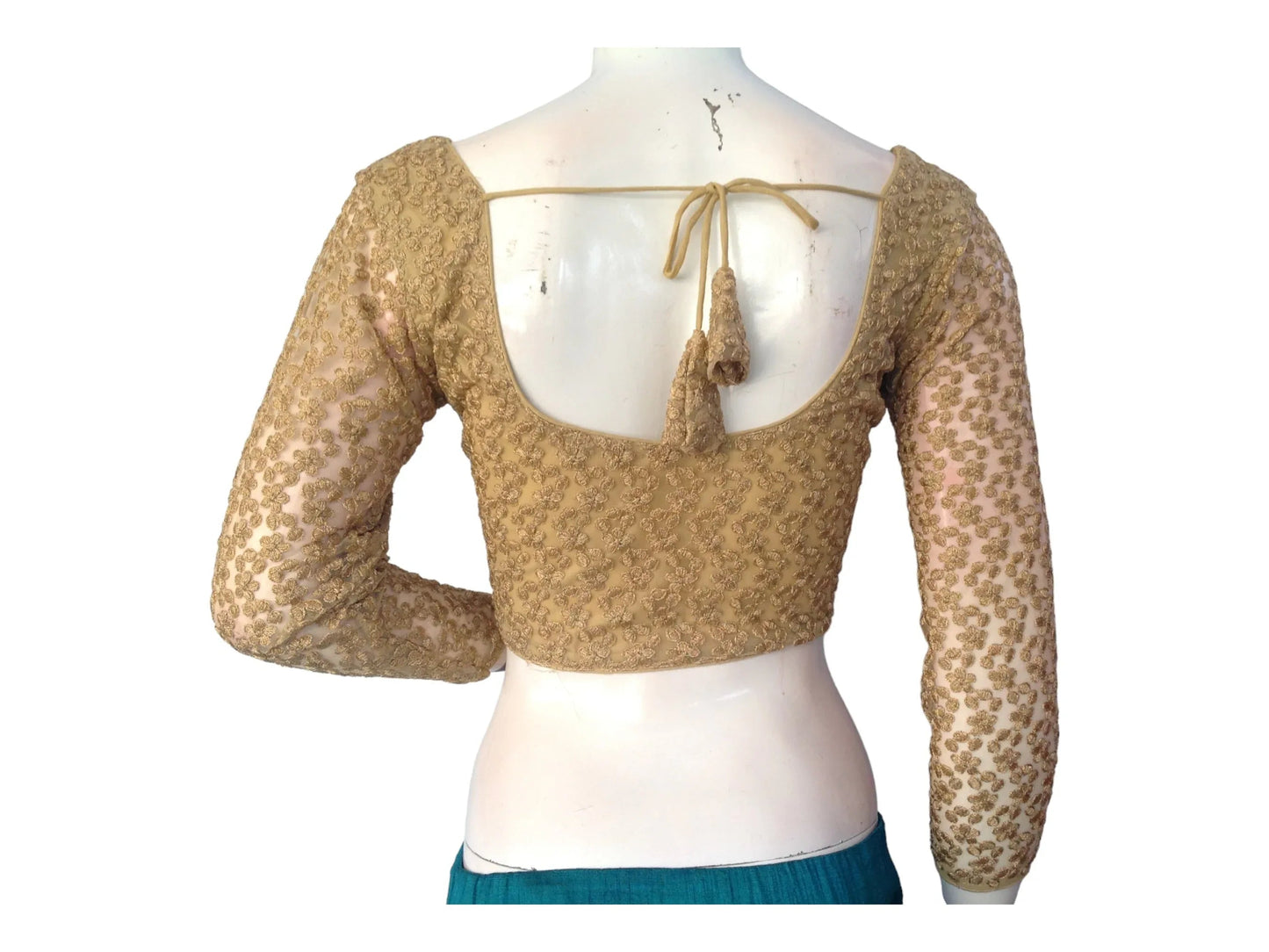 Gold Saree Blouse,3/4th Indian Readymade Blouses, Netted sleeves Choli top - D3blouses