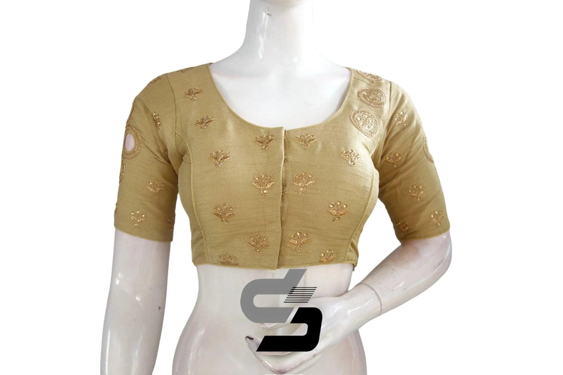 Gold Semi Silk High Neck Embroidered Saree Blouses/Crop Tops - D3blouses