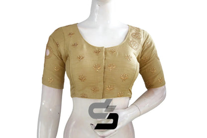 Gold Semi Silk High Neck Embroidered Saree Blouses/Crop Tops - D3blouses