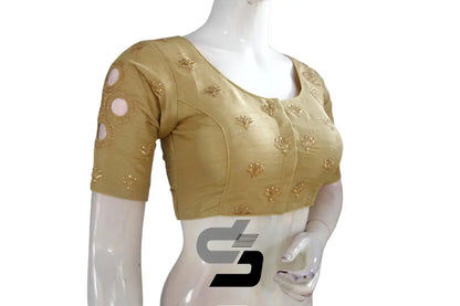 Gold Semi Silk High Neck Embroidered Saree Blouses/Crop Tops - D3blouses