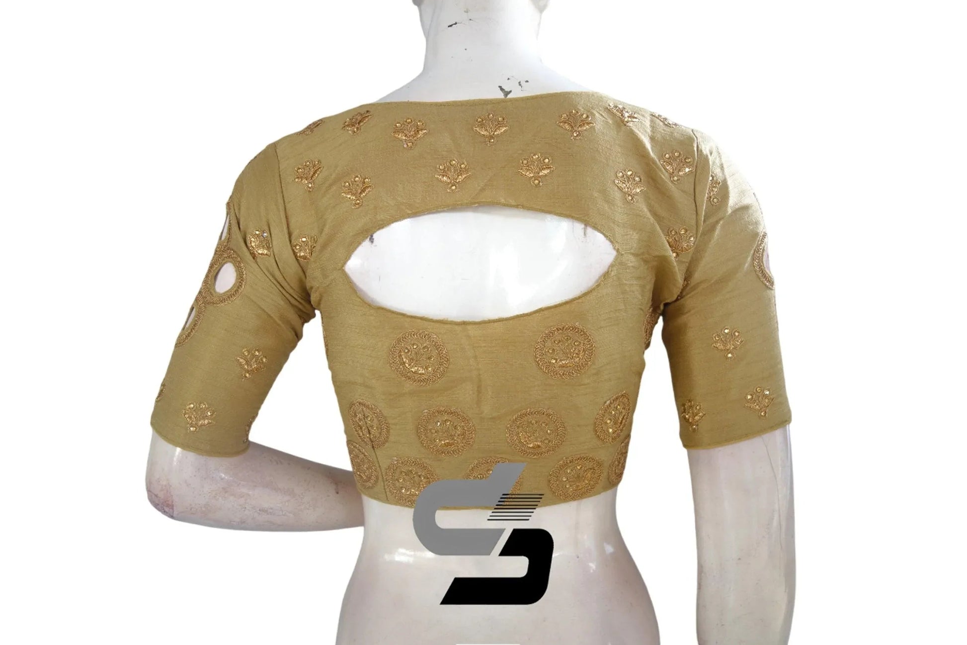 Gold Semi Silk High Neck Embroidered Saree Blouses/Crop Tops - D3blouses