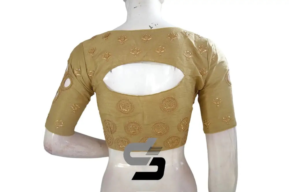 Gold Semi Silk High Neck Embroidered Saree Blouses/Crop Tops - D3blouses