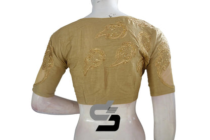 Gold Semi Silk High Neck Embroidered Saree Blouses/Crop Tops - D3blouses