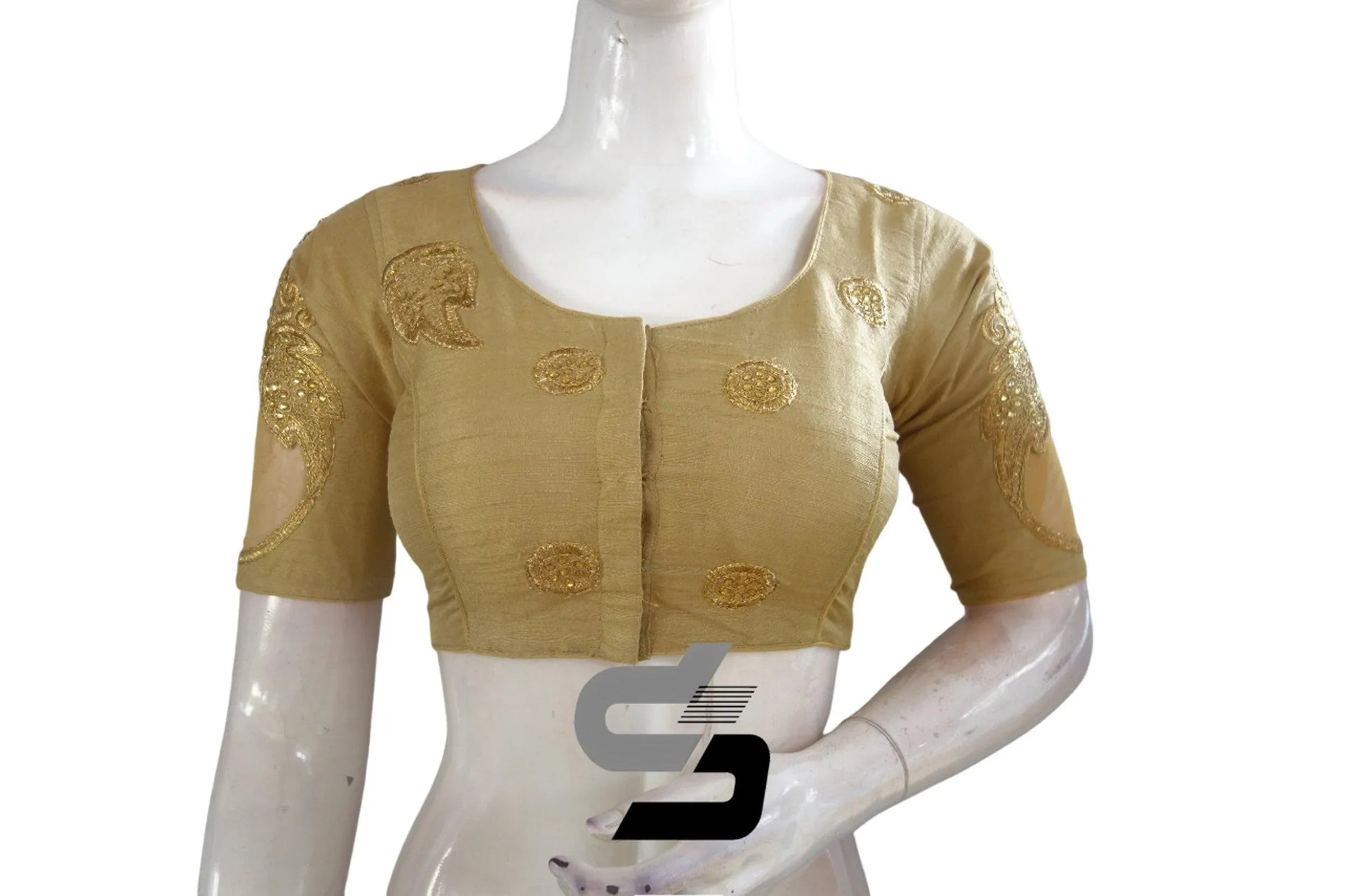 Gold Semi Silk High Neck Embroidered Saree Blouses/Crop Tops - D3blouses