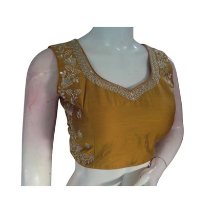 Golden Glow: Rich Mustard Embroidered Partywear Readymade Saree Blouse - D3blouses