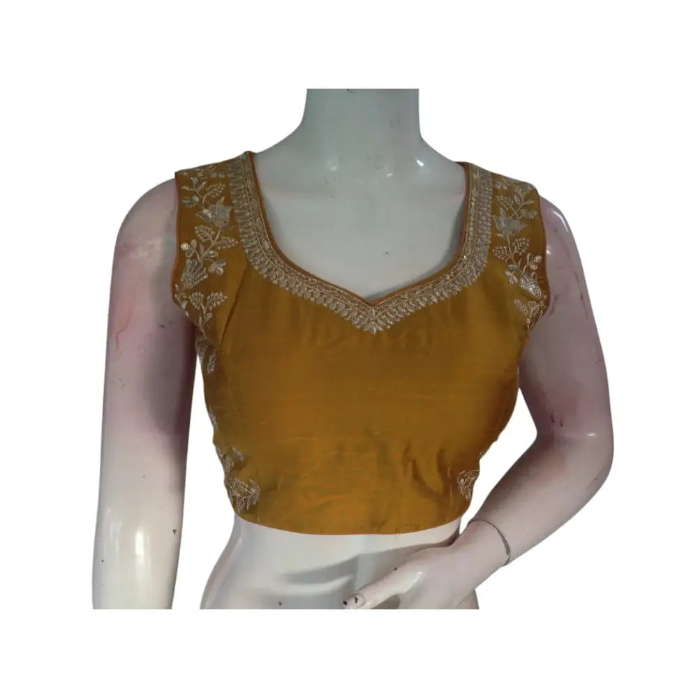 Golden Glow: Rich Mustard Embroidered Partywear Readymade Saree Blouse - D3blouses
